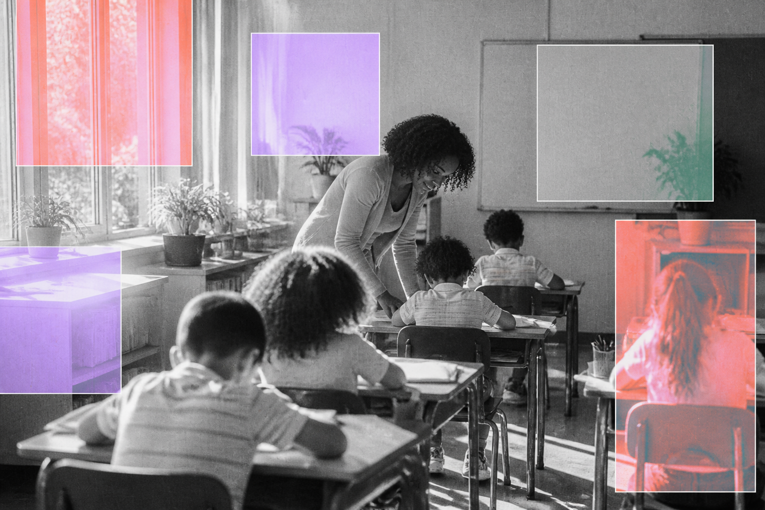A sunlit classroom, photographed and cropped into grainy color windows.