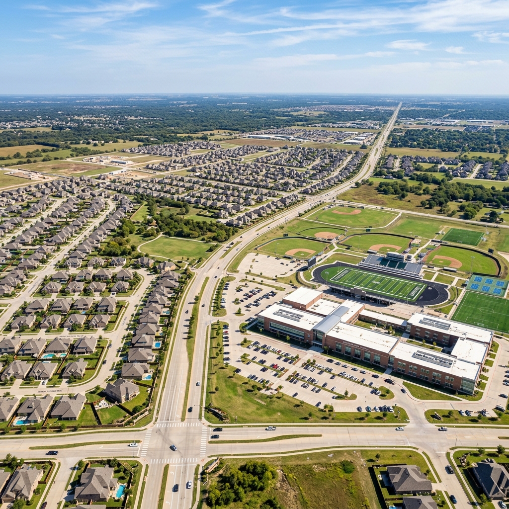 Aerial view of a fast-growing Collin County suburban school campus