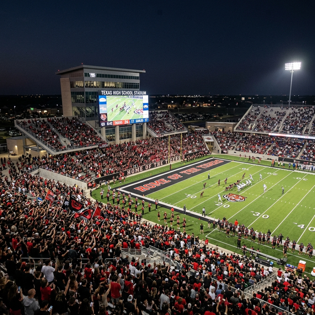 Texas high school football stadium under Friday night lights