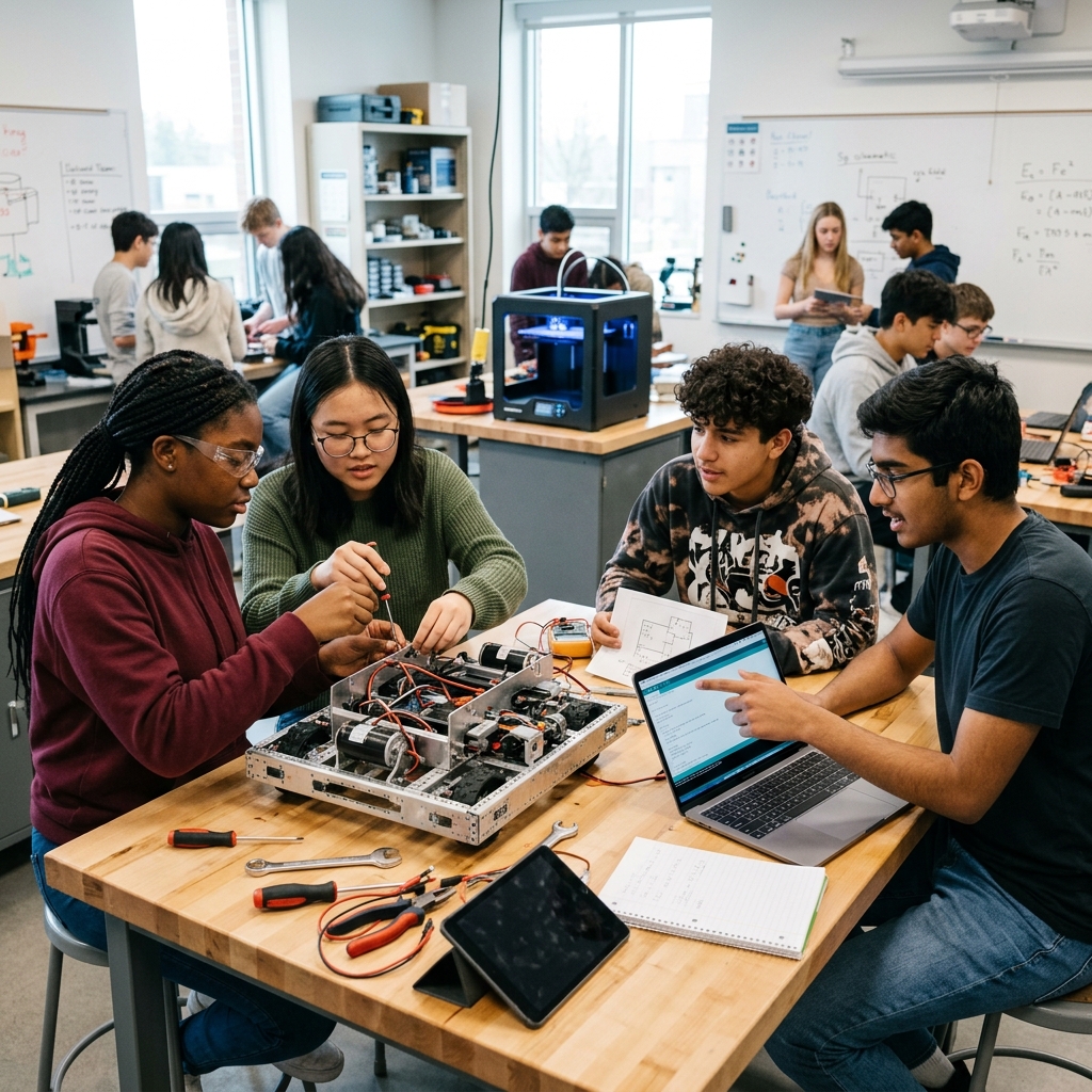 High school students collaborating in a modern STEM lab